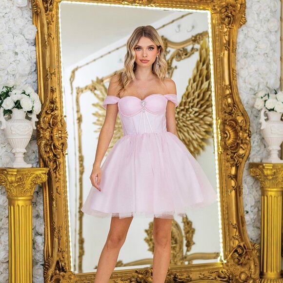 New Blush Off The Shoulder Fit & Flare Homecoming Dress w/ Boned Bodice DQ 3394 - Picture 1 of 9